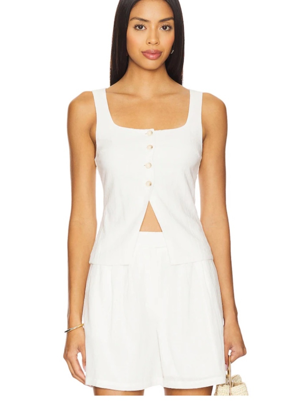 Sleeveless Square Neck Button-Front Tank Top - White